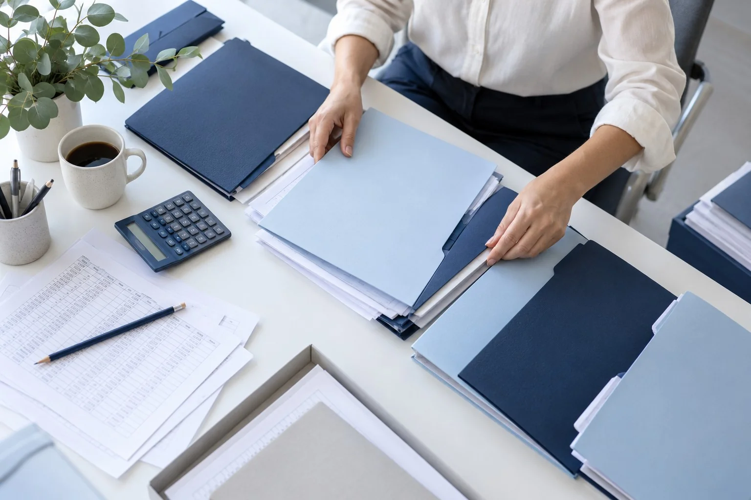Illustrative payroll adviser desk with separate client folders and timesheets.