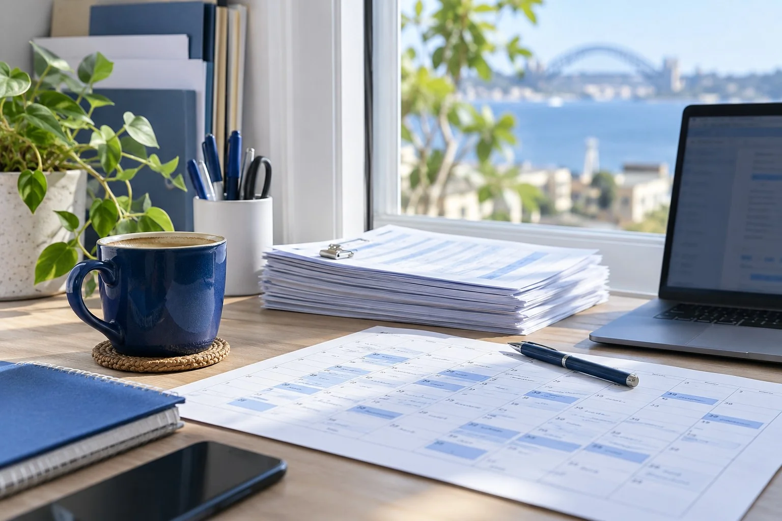 Illustrative payroll desk with a fortnightly calendar and a stack of paper timesheets.