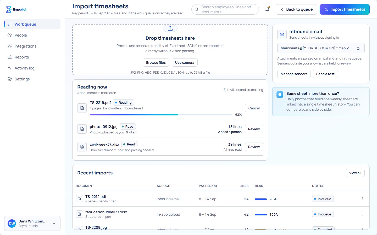 TimePilot capture workflow in the approved application prototype. Sample timesheet data.